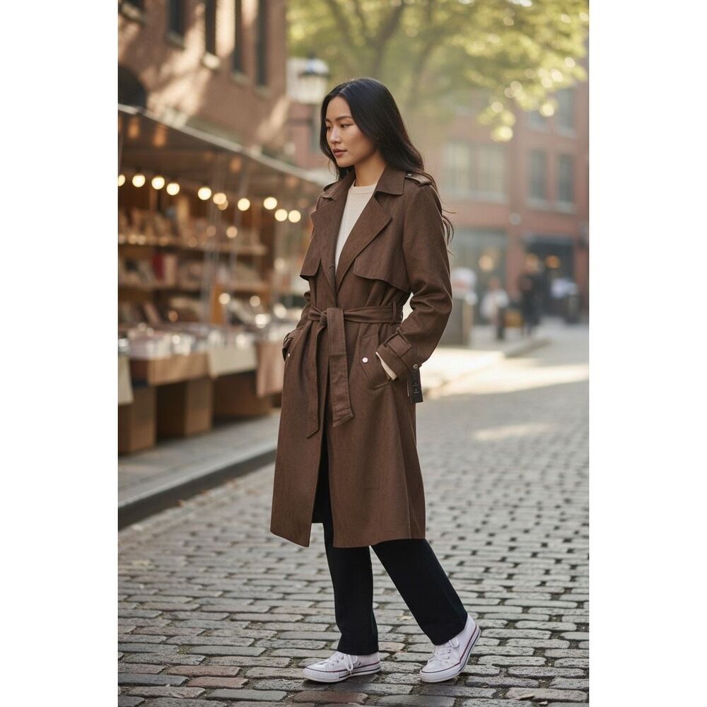 Culture Couture Brown Belted Trench Coat Longline Lightweight Jacket XL